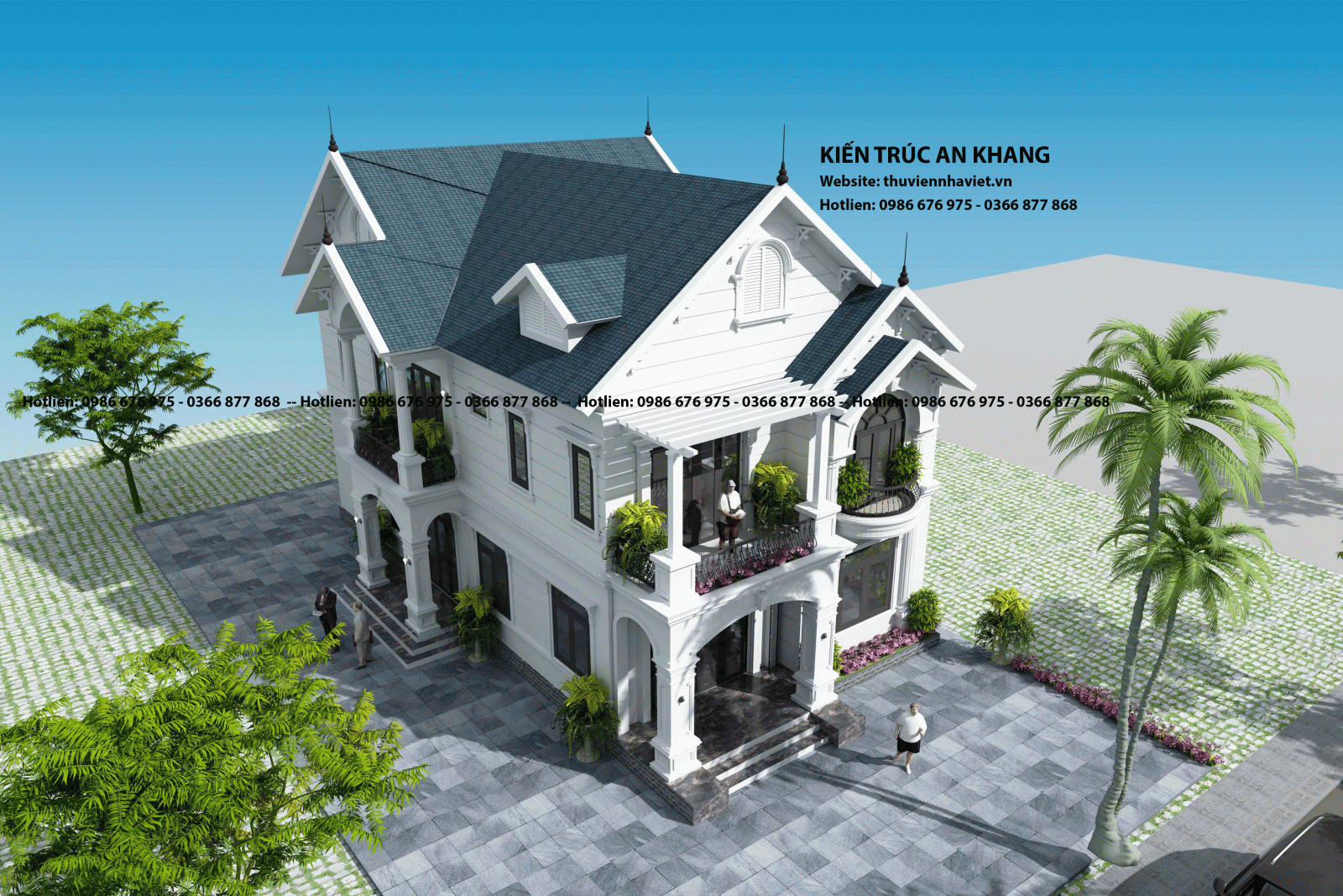 Phối cảnh 3D mặt tiền phía trước của căn biệt thự mái thái 2 tầng tại Tân Lạc - Hoà Bình